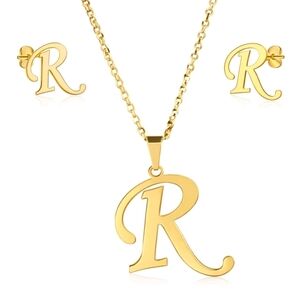 Gold Tone Stainless Steel Monogram Letter "R" Earring And Necklace Set
